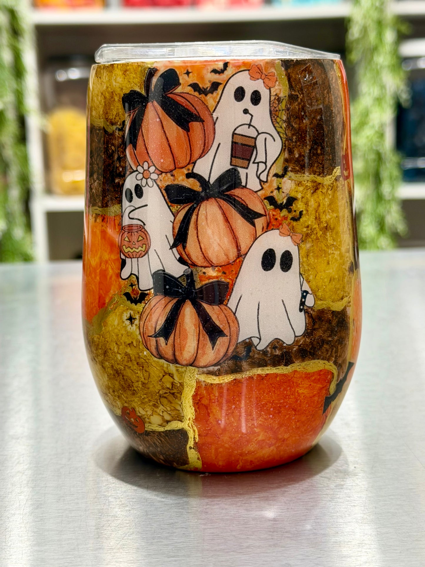 16oz wine tumbler - Halloween/ghost/fall patchwork