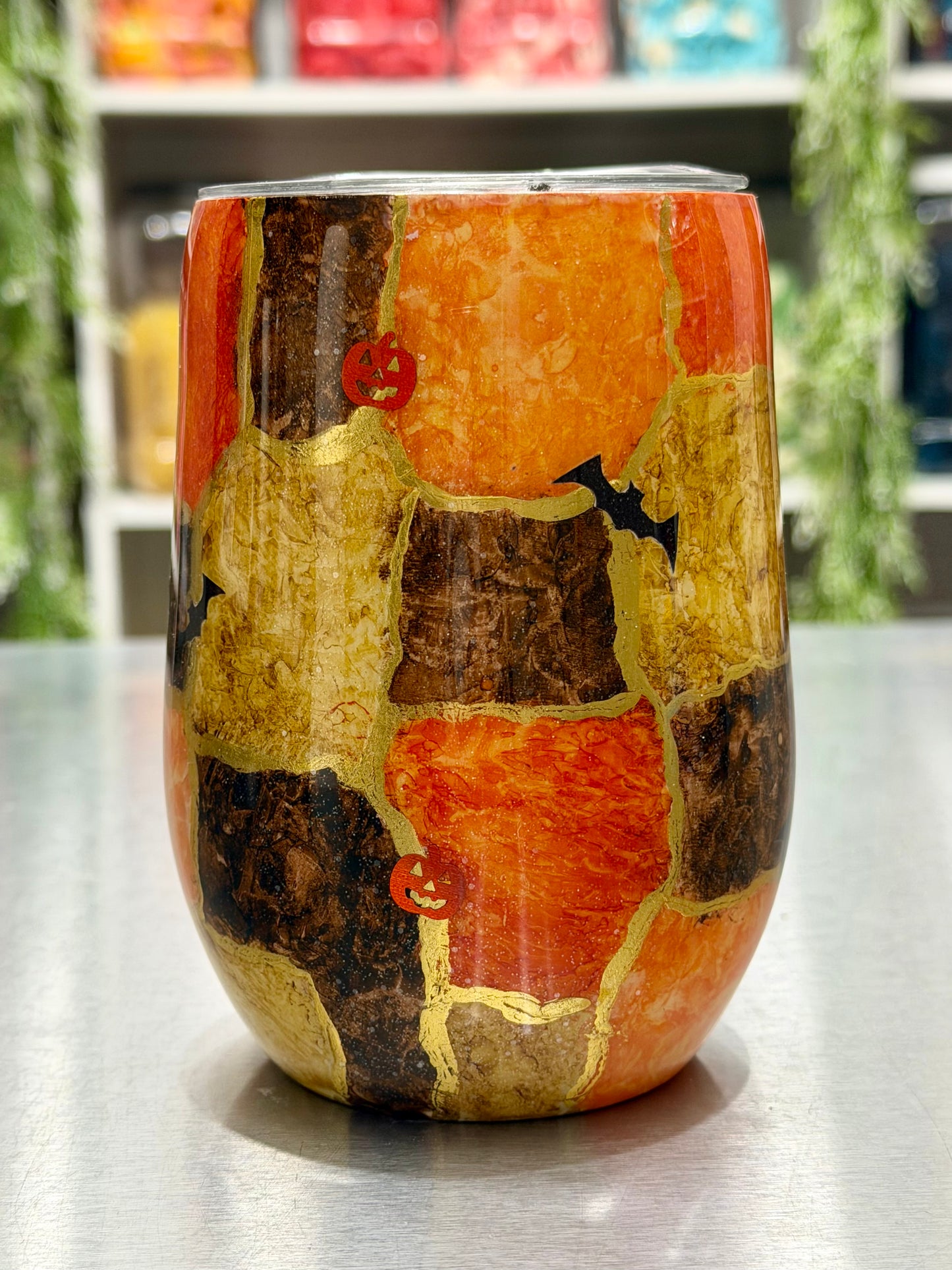 16oz wine tumbler - Halloween/ghost/fall patchwork