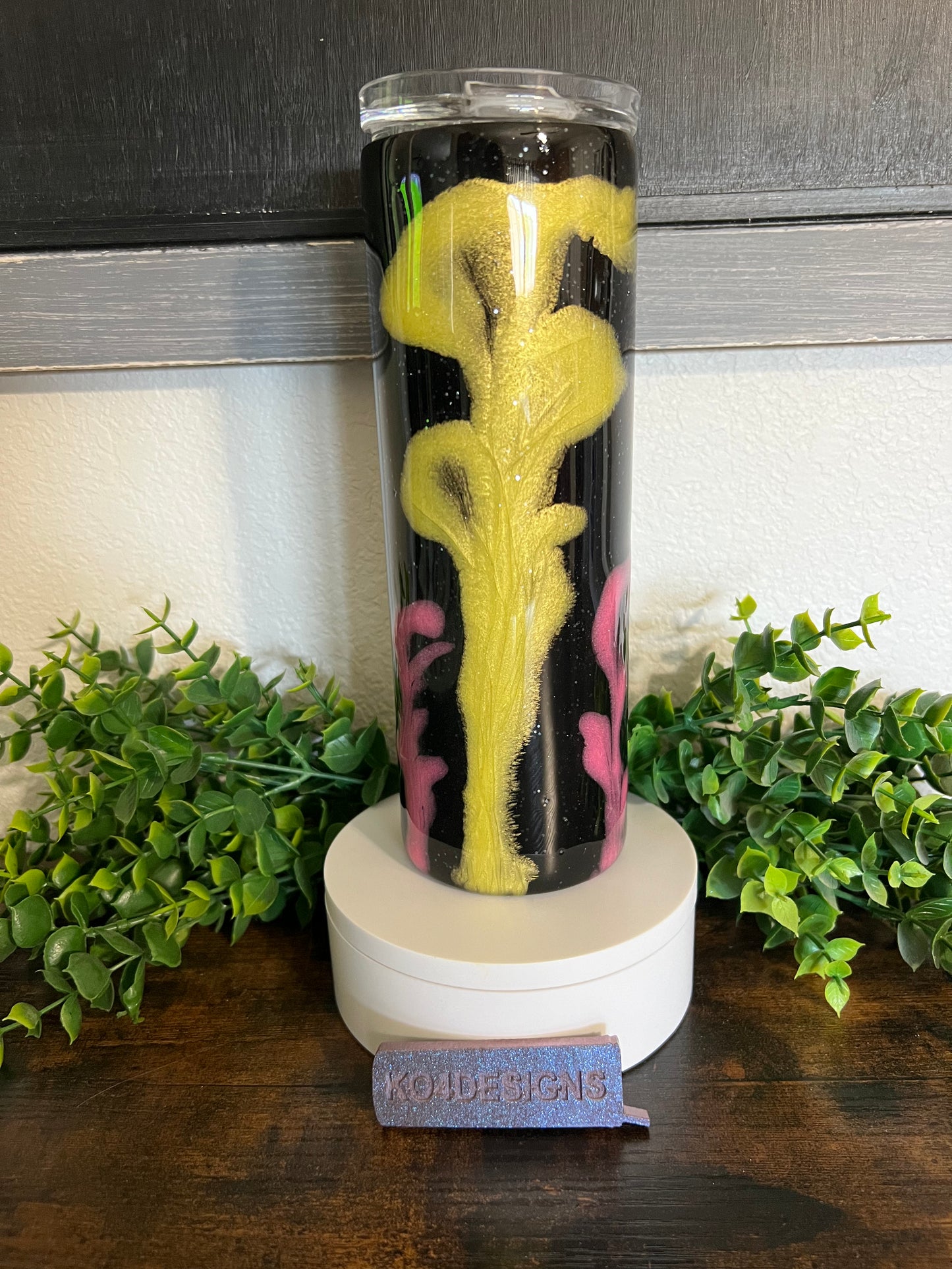 20 oz Skinny Tumbler with Sliding Lid and Straw - Pink & Yellow Flowers on black base with secret sauce