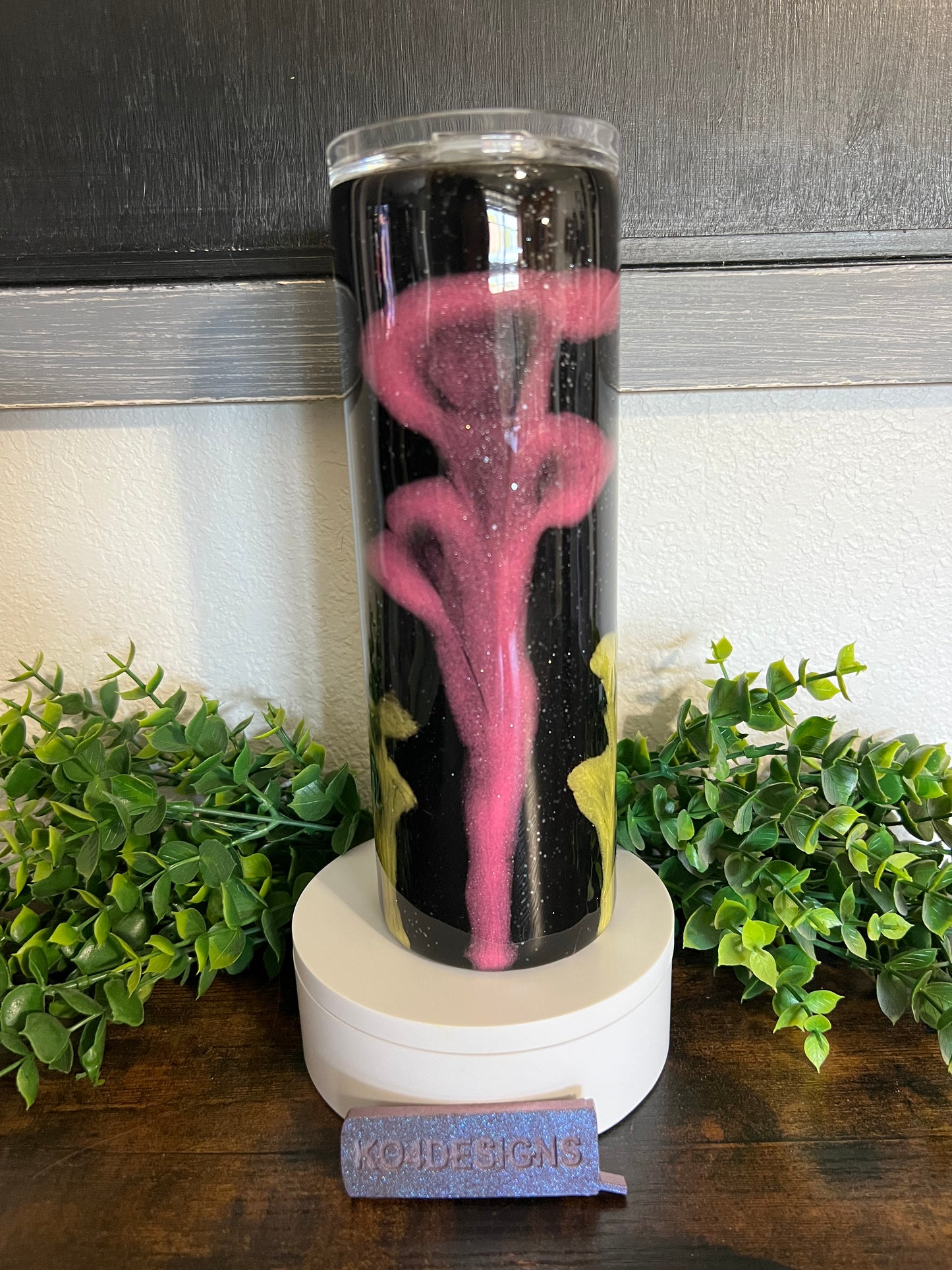 20 oz Skinny Tumbler with Sliding Lid and Straw - Pink & Yellow Flowers on black base with secret sauce