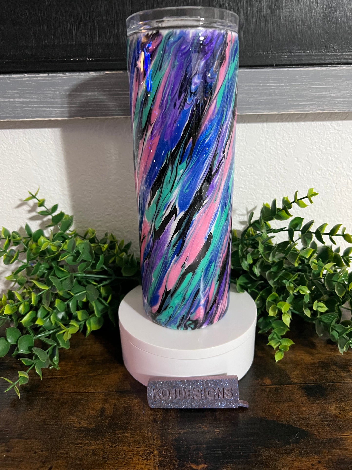 20 oz Skinny Tumbler with Sliding Lid and Straw- “Patchy” Technique - Blue/Teal/Purple/Pink/Black