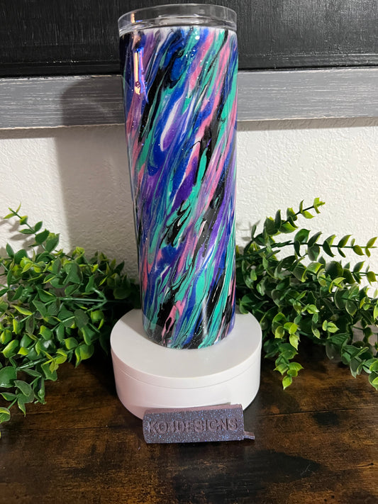 20 oz Skinny Tumbler with Sliding Lid and Straw- “Patchy” Technique - Blue/Teal/Purple/Pink/Black