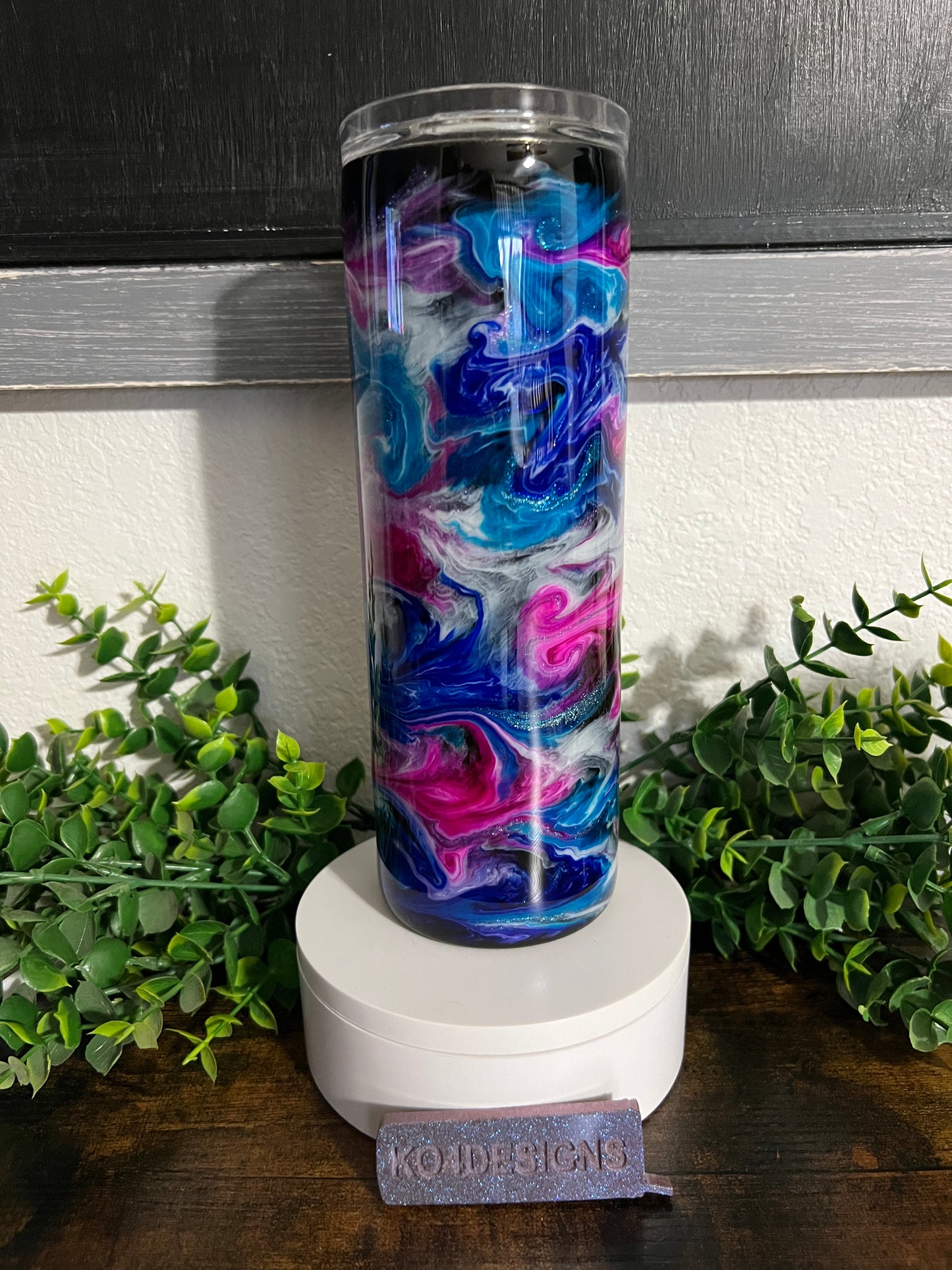 20 oz Skinny Tumbler with Sliding Lid and Straw- purples/blues/pinks with white swirl