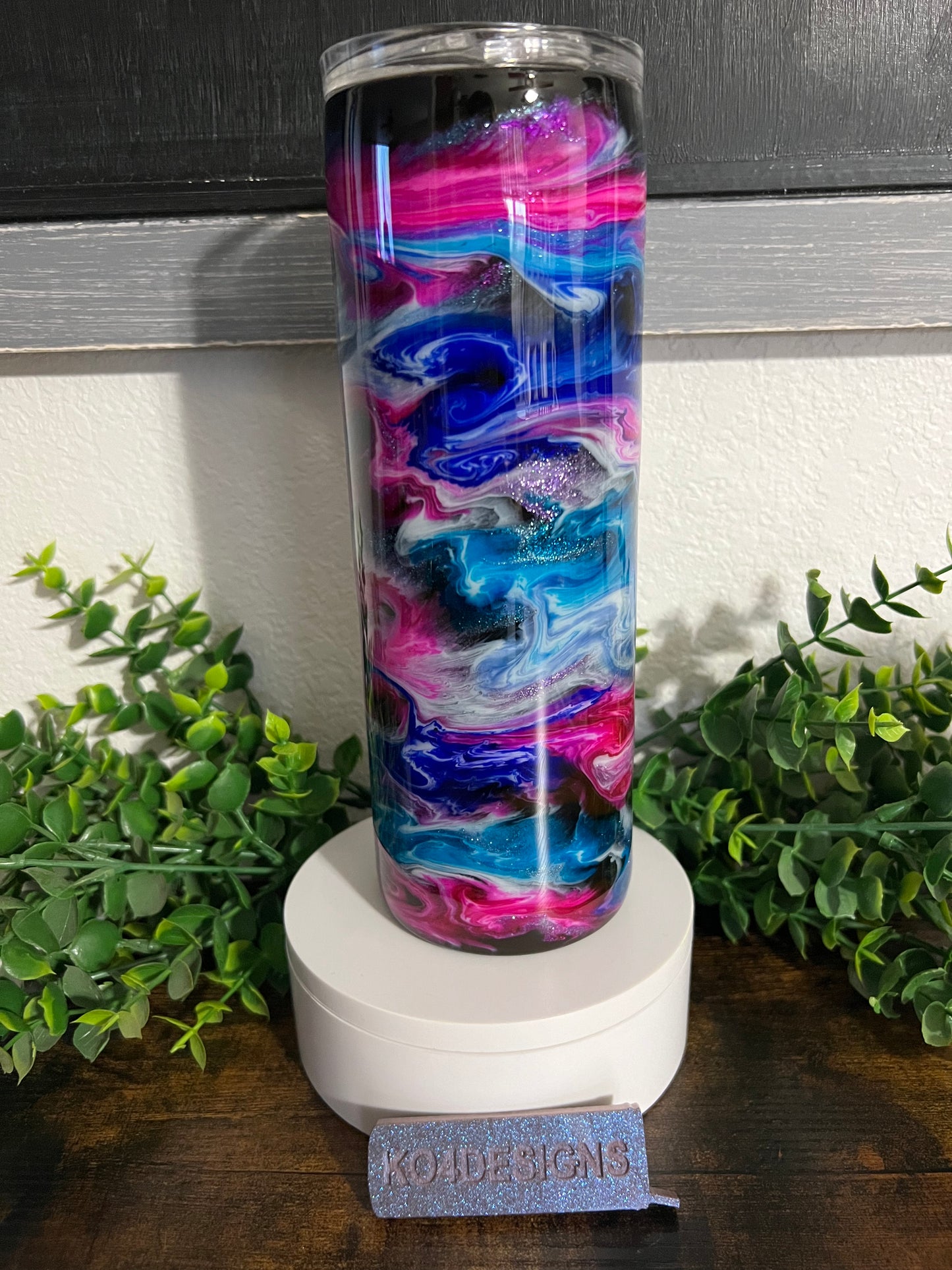 20 oz Skinny Tumbler with Sliding Lid and Straw- purples/blues/pinks with white swirl