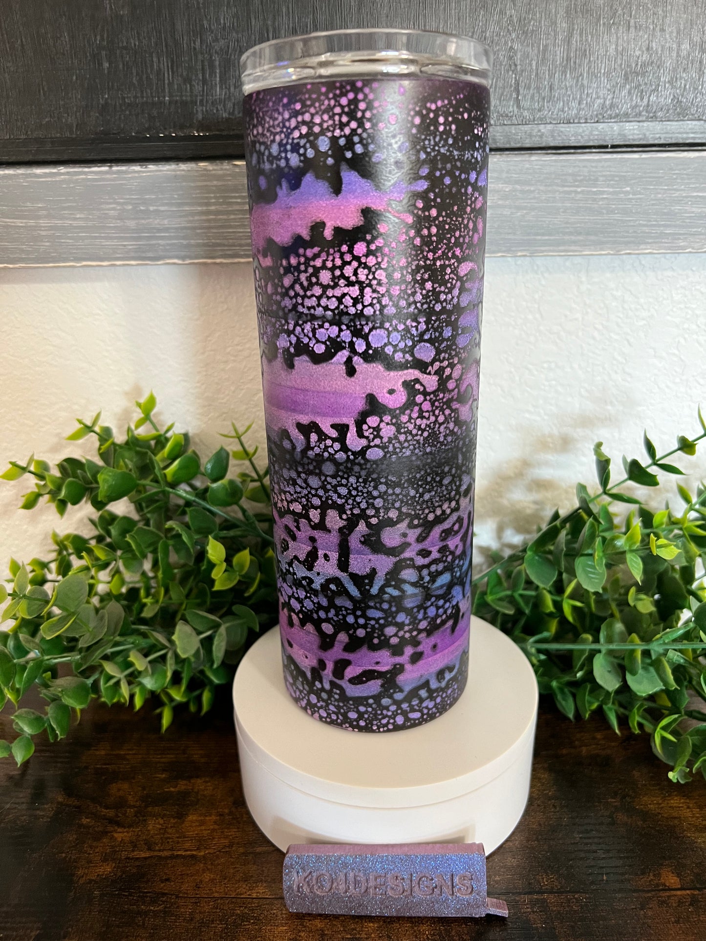 20 oz Skinny Tumbler with Sliding Lid and Straw- Powerwash technique-purples & pinks