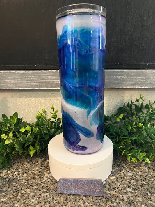 20oz Skinny Tumbler with Sliding Lid and Straw- Ghost Chameleon base with purples & blues ink swirls 7/4