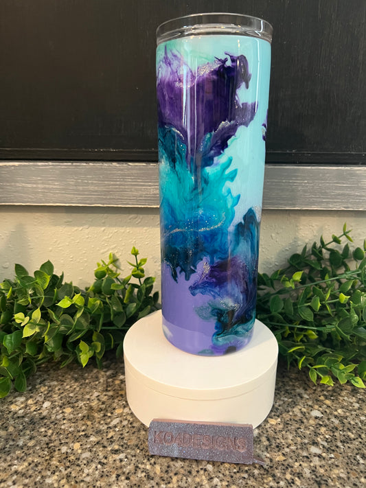 20oz Skinny Tumbler with Sliding Lid and Straw- Purple/blue marble cloud 7/4