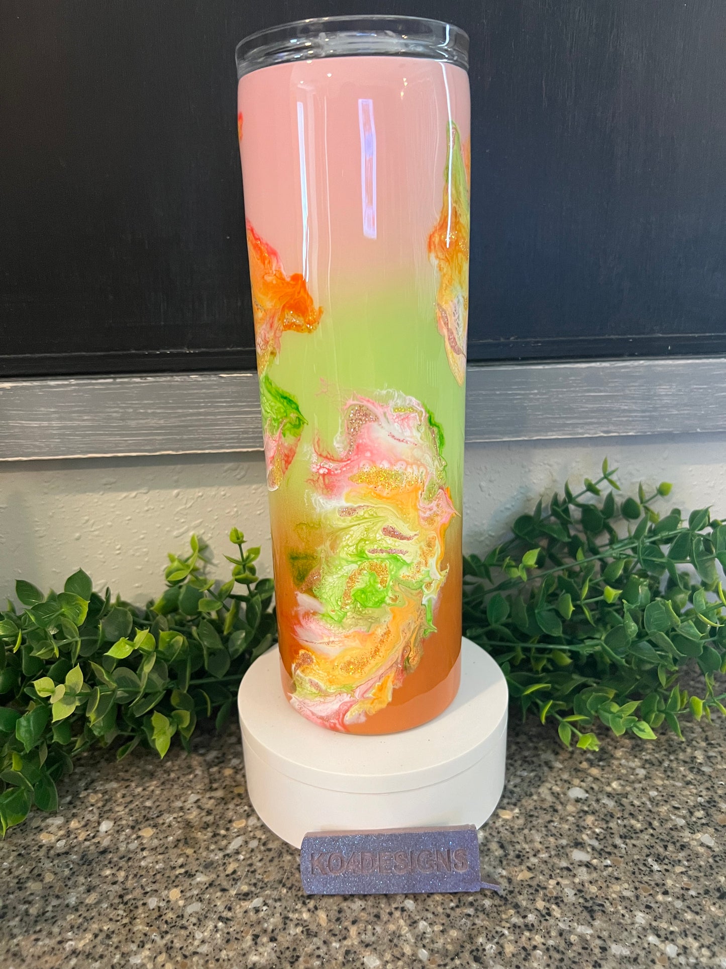 30oz Skinny Tumbler with Sliding Lid and Straw- Marble Cloud - pinks/greens/oranges