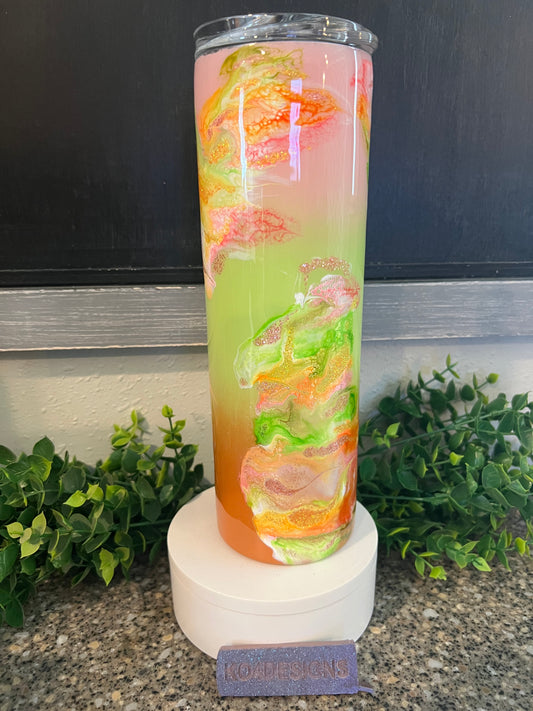 30oz Skinny Tumbler with Sliding Lid and Straw- Marble Cloud - pinks/greens/oranges