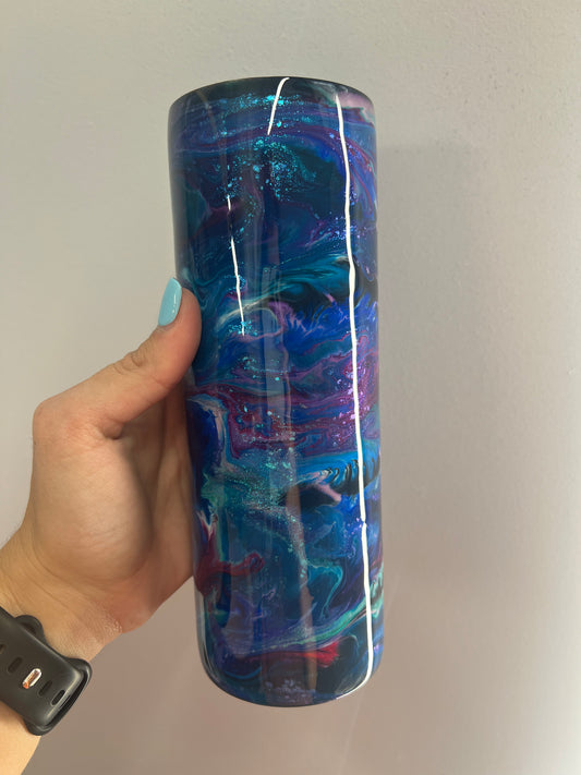 20 oz Skinny Tumbler with Sliding Lid and Straw - black base with purple/pink/teal ink swirls