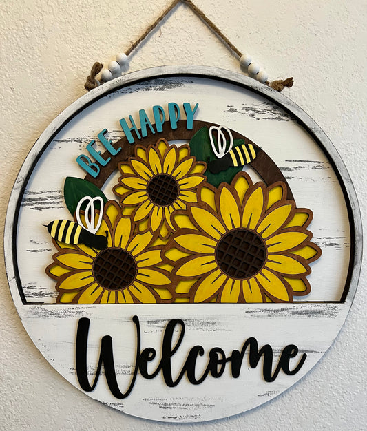 Interchangeable Welcome Door Hanger + Bee Happy Sunflower add-on insert