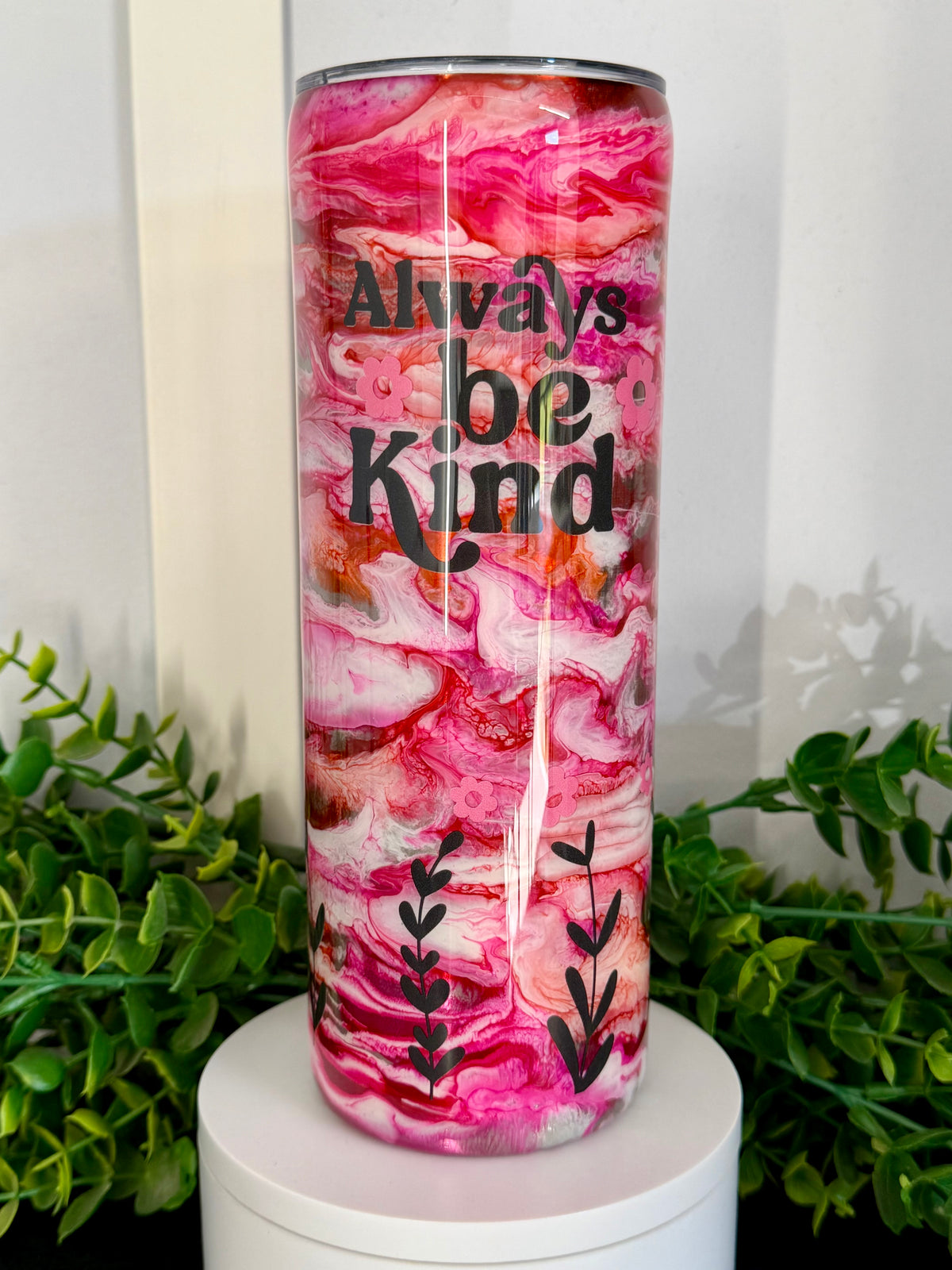 20oz Skinny Tumbler - Pink (Be Kind Decal)