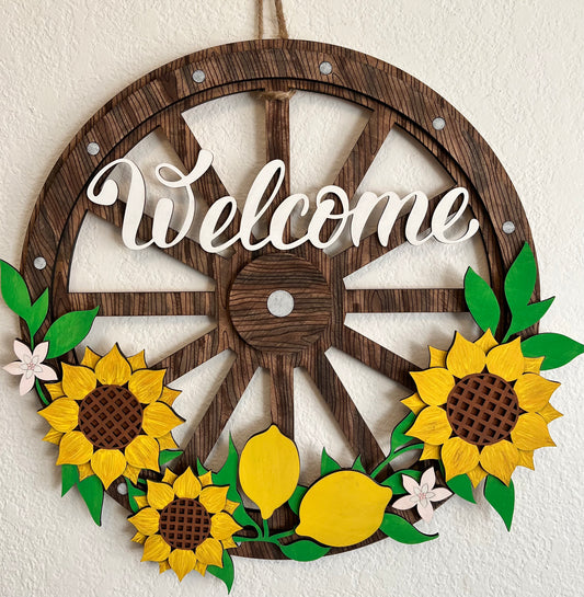 3D Welcome Wagon Wheel with Sunflowers Door Hanger