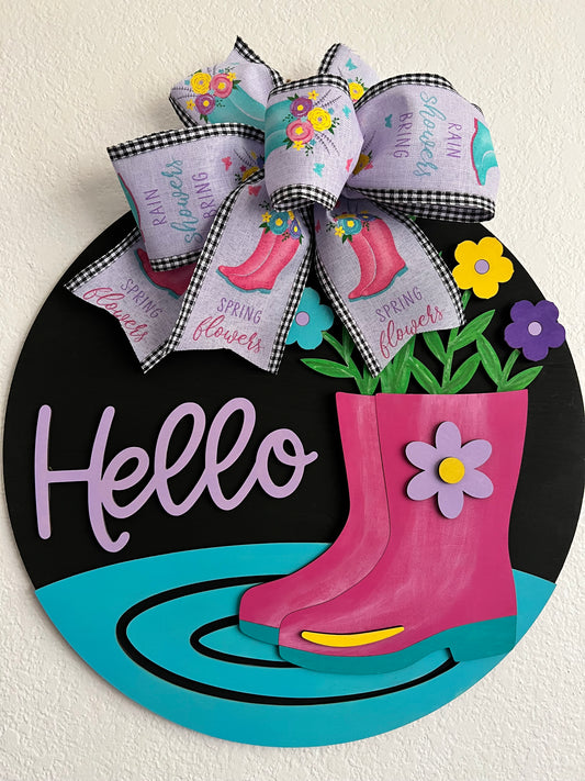 3D Hello Rain Boots and Flowers  Door Hanger