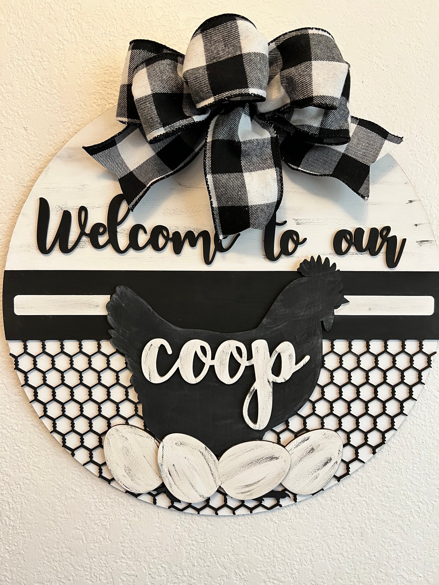 3D Welcome To Our Coop black and white Buffalo Plaid Door Hanger